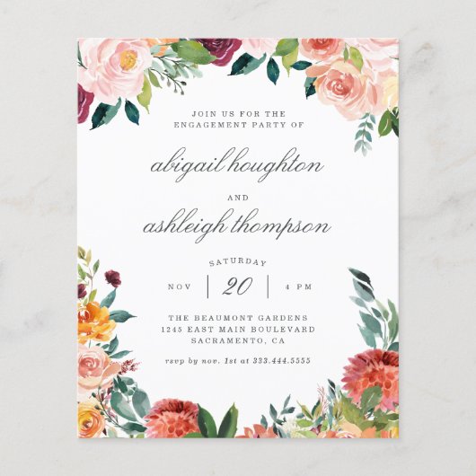 Budget Burgundy Blush Pink Floral Engagement Party (Voorkant)