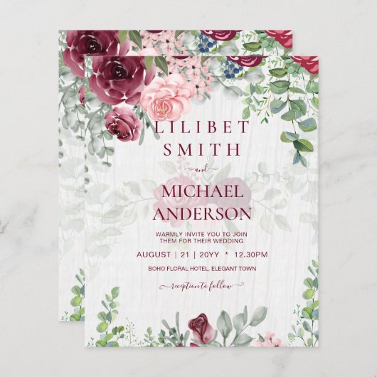 BUDGET Burgundy Blush Pink Floral Wedding INVITE (Voorkant / Achterkant)