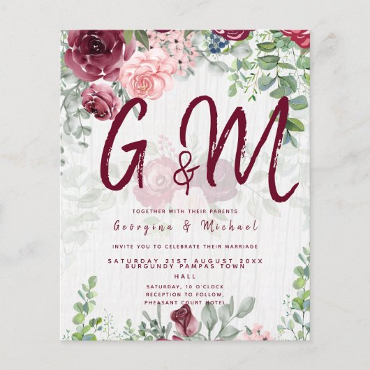 BUDGET Burgundy Blush Pink Floral Wedding INVITE Flyer (Voorkant)