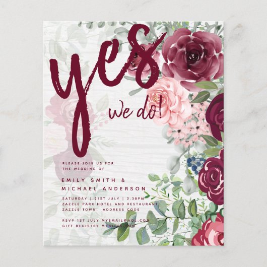 BUDGET Burgundy Blush Pink Floral Wedding INVITE Flyer (Voorkant)