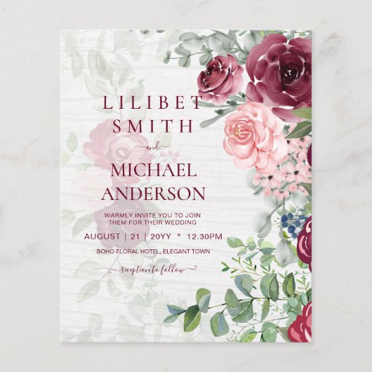 BUDGET Burgundy Blush Pink Floral Wedding INVITE Flyer (Voorkant)