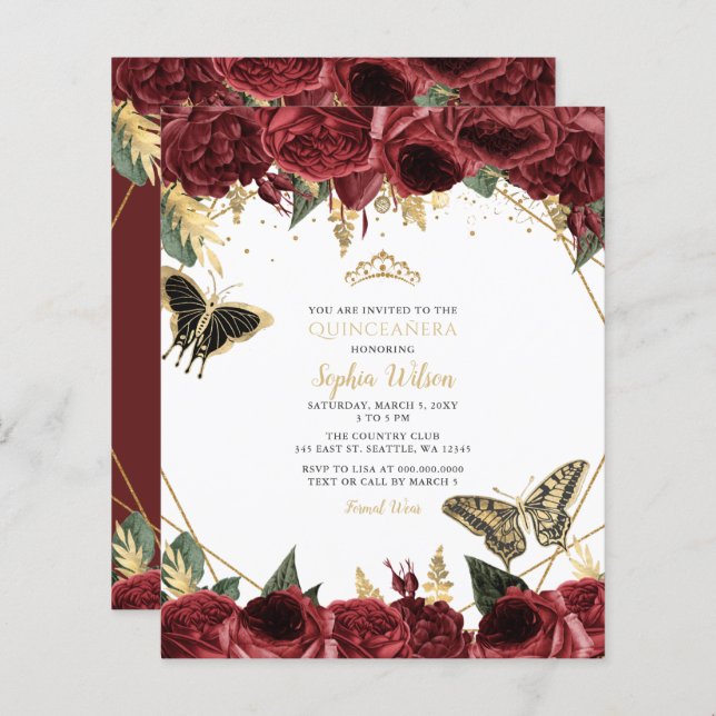 Budget Burgundy Butterfly Quinceañera Uitnodiging (Voorkant / Achterkant)