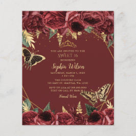 Budget Burgundy Butterfly Sweet 16 Uitnodiging