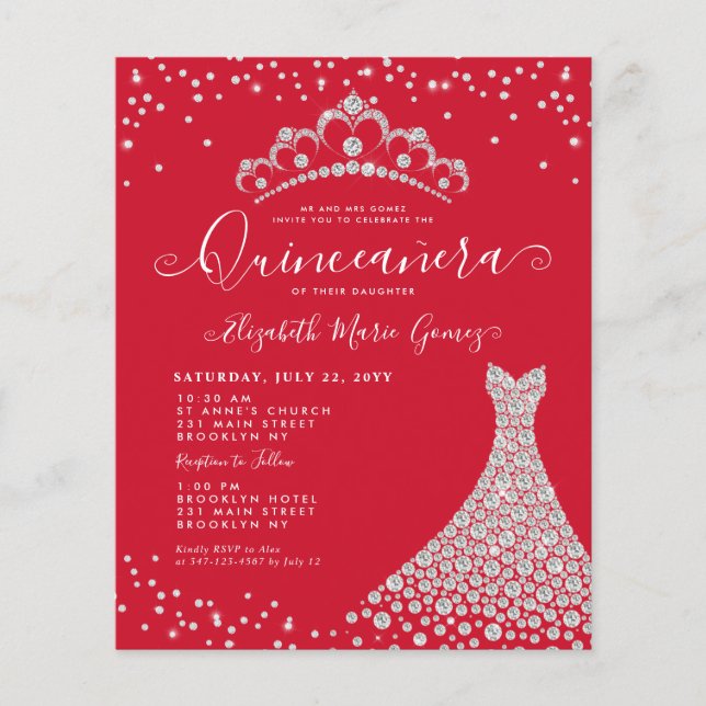 Budget Burgundy Diamond Sparkle Glam Quinceanera (Voorkant)