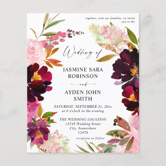 Budget Burgundy & Dusty Pink Floral 5 Weddenschap  Flyer (Voorkant)