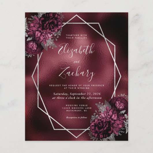 Budget Burgundy Faux Folie Silver Floral Wedding (Voorkant)