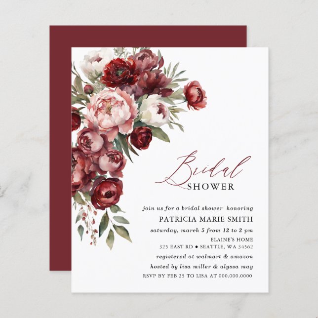 Budget Burgundy Floral Bridal Shower-uitnodigingen (Voorkant / Achterkant)