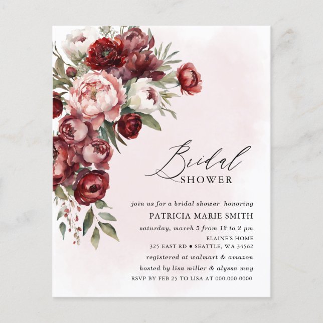 Budget Burgundy Floral Bridal Shower-uitnodigingen (Voorkant)