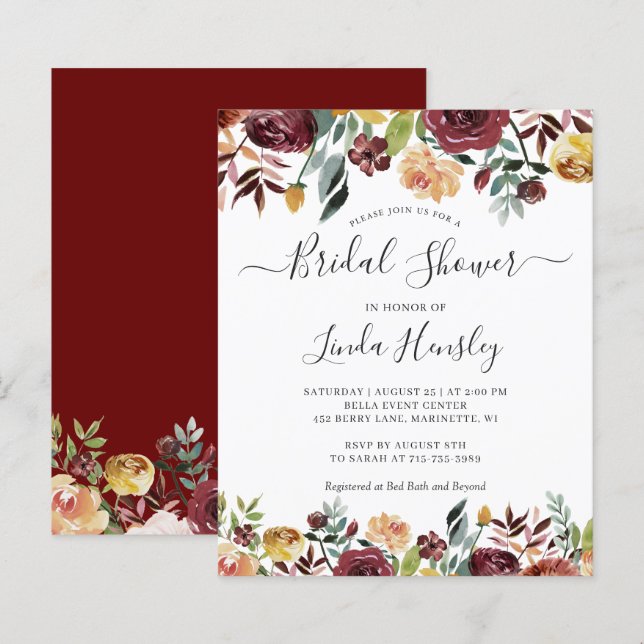 Budget Burgundy Floral Bridal Shower-uitnodigingen (Voorkant / Achterkant)