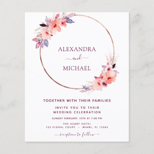 Budget Burgundy Floral Geometric Wedding Flyer (Voorkant)