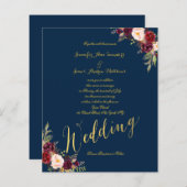 Budget Burgundy Floral Gold Blue Wedding Invite (Voorkant / Achterkant)