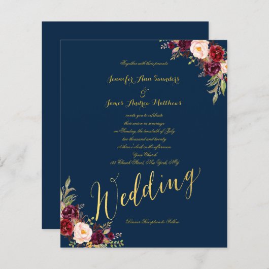 Budget Burgundy Floral Gold Blue Wedding Invite (Voorkant / Achterkant)