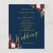 Budget Burgundy Floral Gold Blue Wedding Invite (Voorkant)