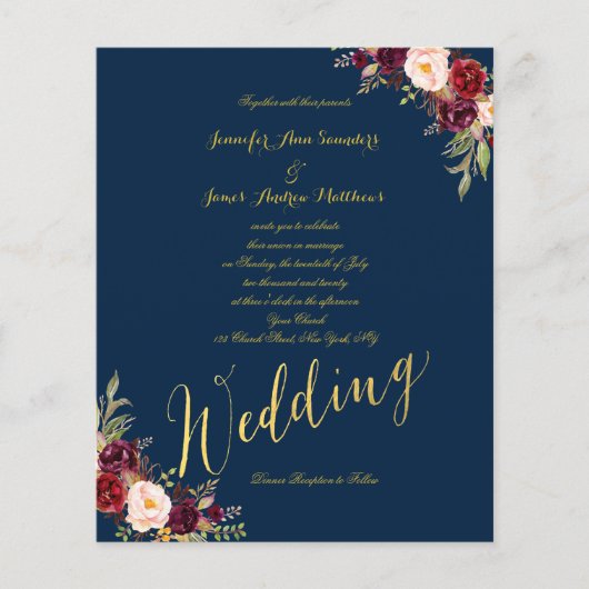 Budget Burgundy Floral Gold Blue Wedding Invite (Voorkant)
