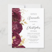 Budget Burgundy Floral Gold Script Weduwen Uitnodi (Voorkant)