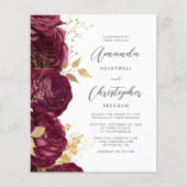 Budget Burgundy Floral Gold Script Weduwen Uitnodi (Voorkant)