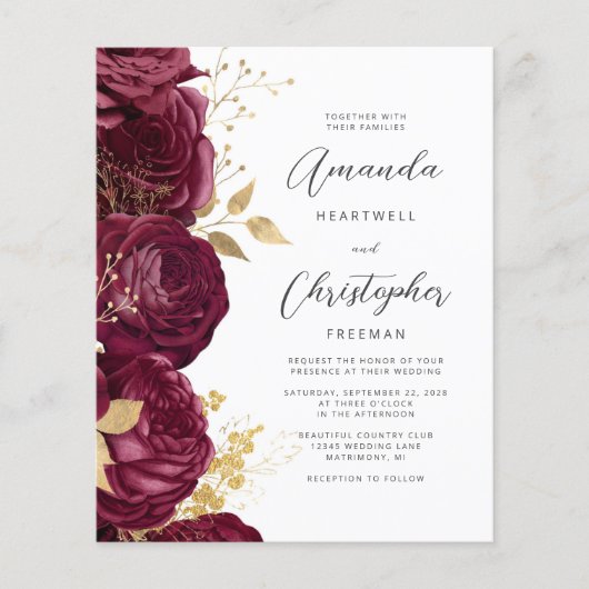 Budget Burgundy Floral Gold Script Weduwen Uitnodi (Voorkant)