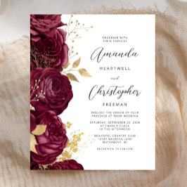 Budget Burgundy Floral Gold Script Weduwen Uitnodi