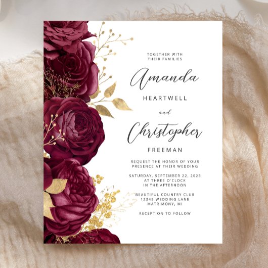 Budget Burgundy Floral Gold Script Weduwen Uitnodi