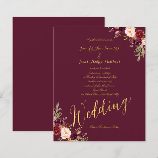 Budget Burgundy Floral Gold Script Weduwen Uitnodi (Voorkant / Achterkant)