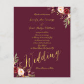 Budget Burgundy Floral Gold Script Weduwen Uitnodi (Voorkant)