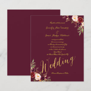 Budget Burgundy Floral Gold Script Weduwen Uitnodi