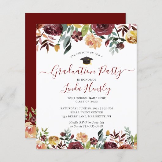 Budget Burgundy Floral Gradual Party Uitnodiging (Voorkant / Achterkant)