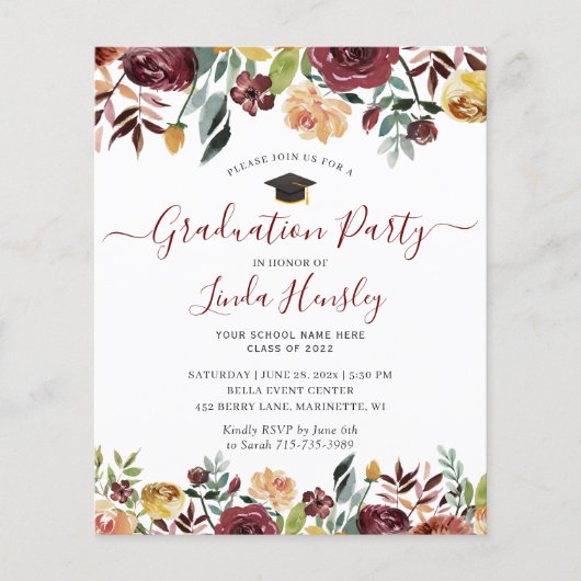 Budget Burgundy Floral Gradual Party Uitnodiging (Voorkant)