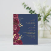 Budget Burgundy Floral Navy Blue Wedding Invite (Staand voorkant)