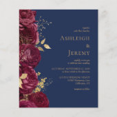 Budget Burgundy Floral Navy Blue Wedding Invite (Voorkant)