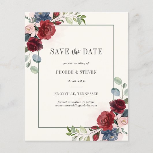 Budget Burgundy Floral Rustic Save the Date (Voorkant)