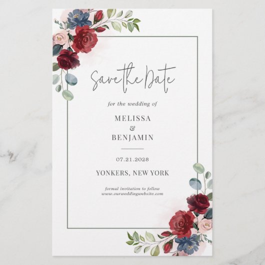 Budget Burgundy Floral Rustic Save the Date Flyer (Voorkant)