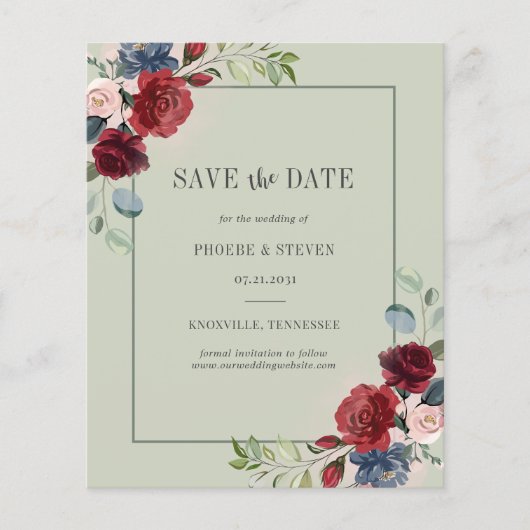 Budget Burgundy Floral Rustic Save the Date Flyer (Voorkant)