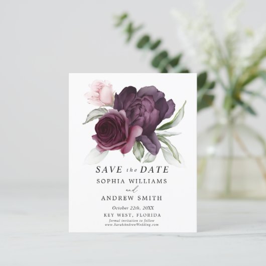 Budget Burgundy Floral Save the Date Invitation (Staand voorkant)