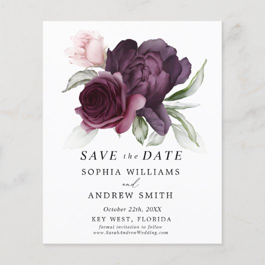 Budget Burgundy Floral Save the Date Invitation (Voorkant)