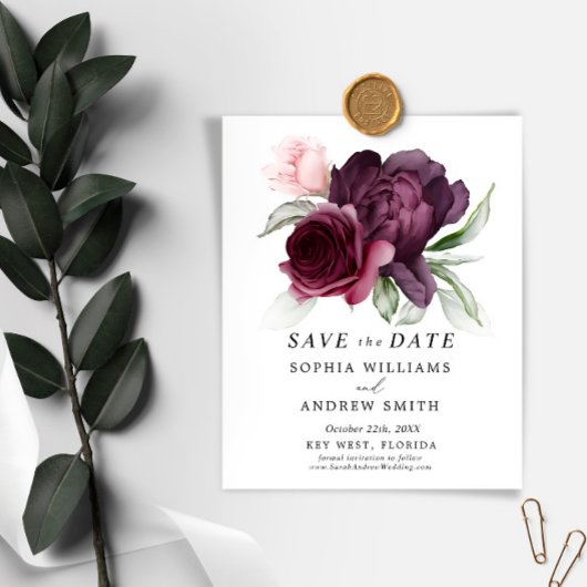 Budget Burgundy Floral Save the Date Invitation