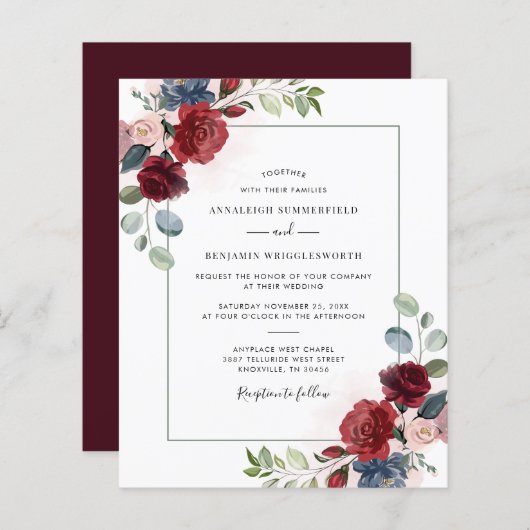 Budget Burgundy Floral Spring Wedding Invitation (Voorkant / Achterkant)