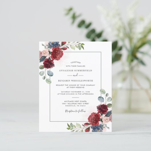 Budget Burgundy Floral Spring Wedding Invitation (Staand voorkant)