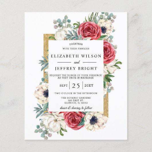 Budget Burgundy Floral Wedding Invitation (Voorkant)