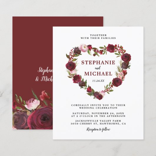 Budget Burgundy Floral Wedding Invitations (Voorkant / Achterkant)