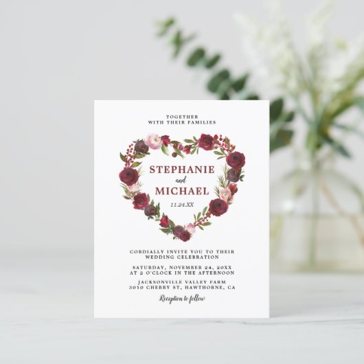 Budget Burgundy Floral Wedding Invitations (Staand voorkant)