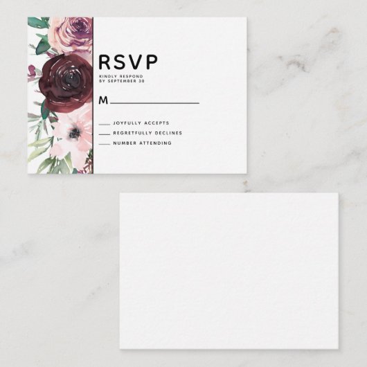 BUDGET Burgundy Floral Wedding RSVP Kaart Notitiekaartje (Voorkant / Achterkant)