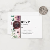 BUDGET Burgundy Floral Wedding RSVP Kaart Notitiekaartje (Voorkant / Achterkant in situ)