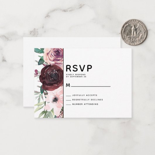BUDGET Burgundy Floral Wedding RSVP Kaart Notitiekaartje (Voorkant / Achterkant in situ)