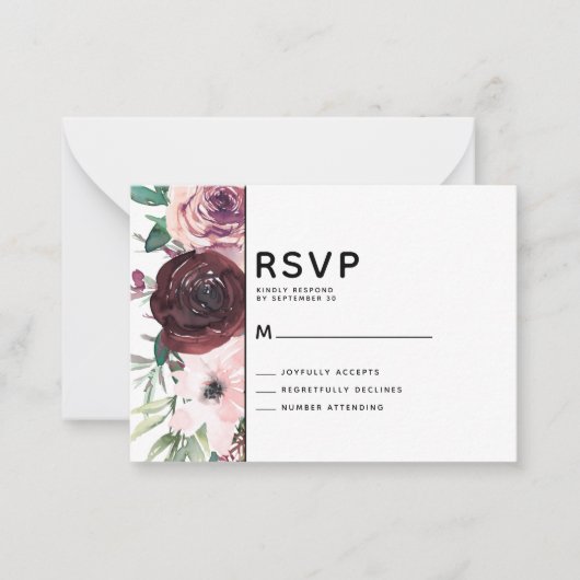 BUDGET Burgundy Floral Wedding RSVP Kaart Notitiekaartje (Voorkant)