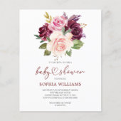 Budget Burgundy Flowers Baby shower Uitnodiging (Voorkant)
