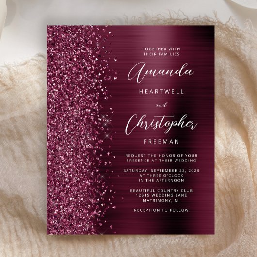 Budget Burgundy Glam Glitter Wedding Invitation