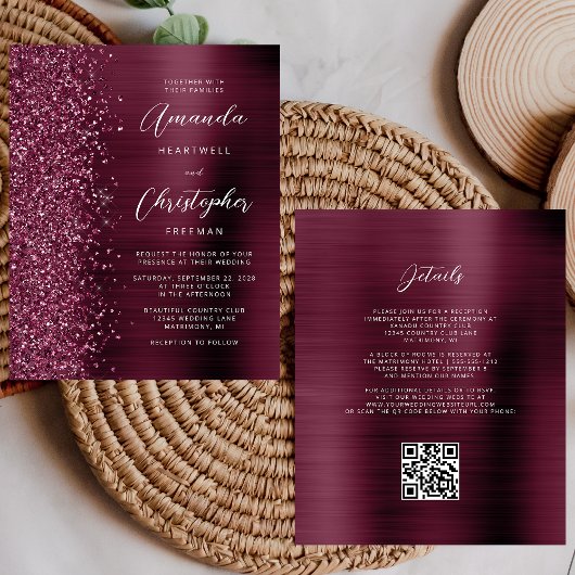 Budget Burgundy Glam QR Code Trouw Uitnodiging
