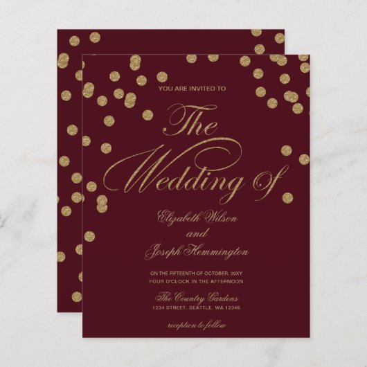 Budget Burgundy Glitter Confetti Uitnodiging (Voorkant / Achterkant)
