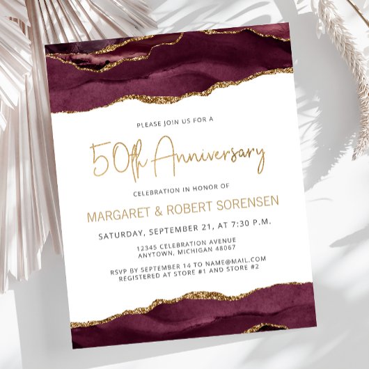 Budget Burgundy Gold Agate 50th Anniversary Invite